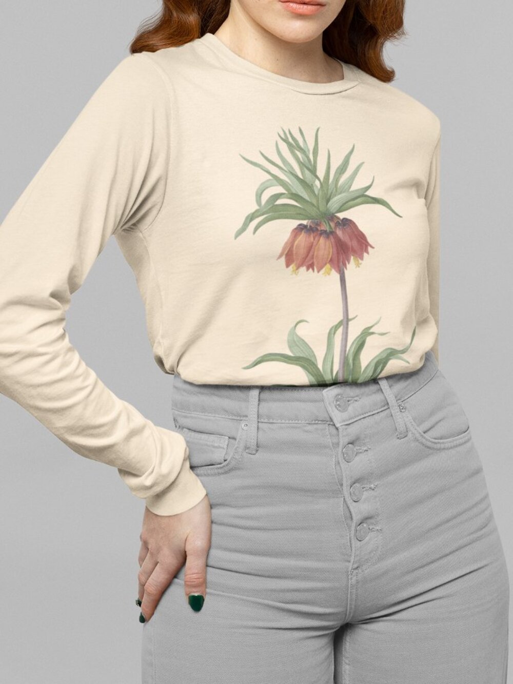 Crown Imperial Vintage Floral Print Long Sleeve Graphic Tee T-shirt S-XXL
